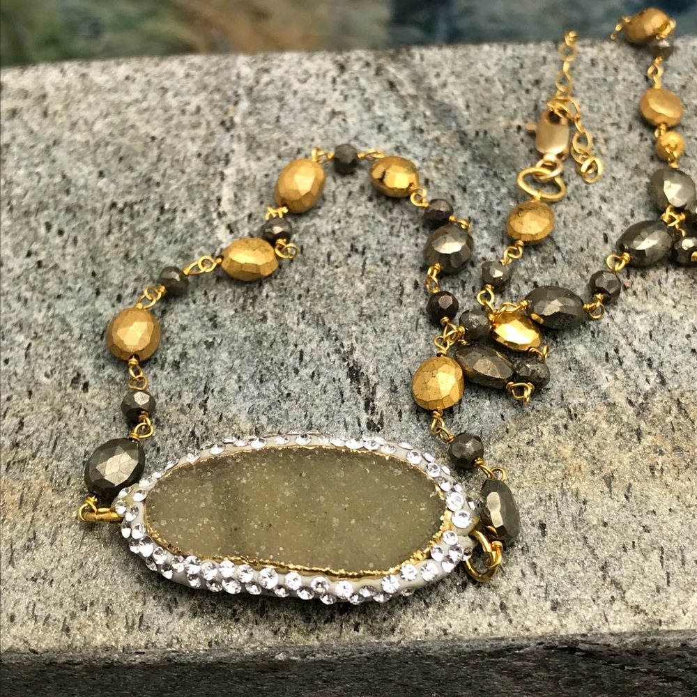 Handmade Pavé Green Druzy Pyrite necklace - Picture 7 of 8